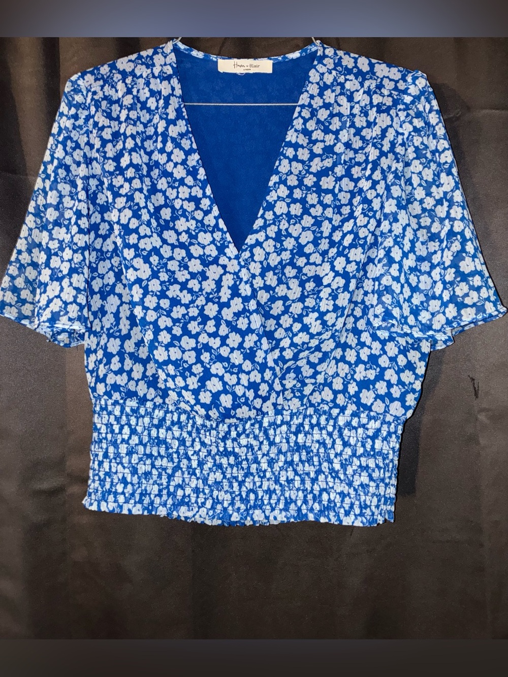 Blue Floral Short-Sleeve Smocked-Hem Blouse